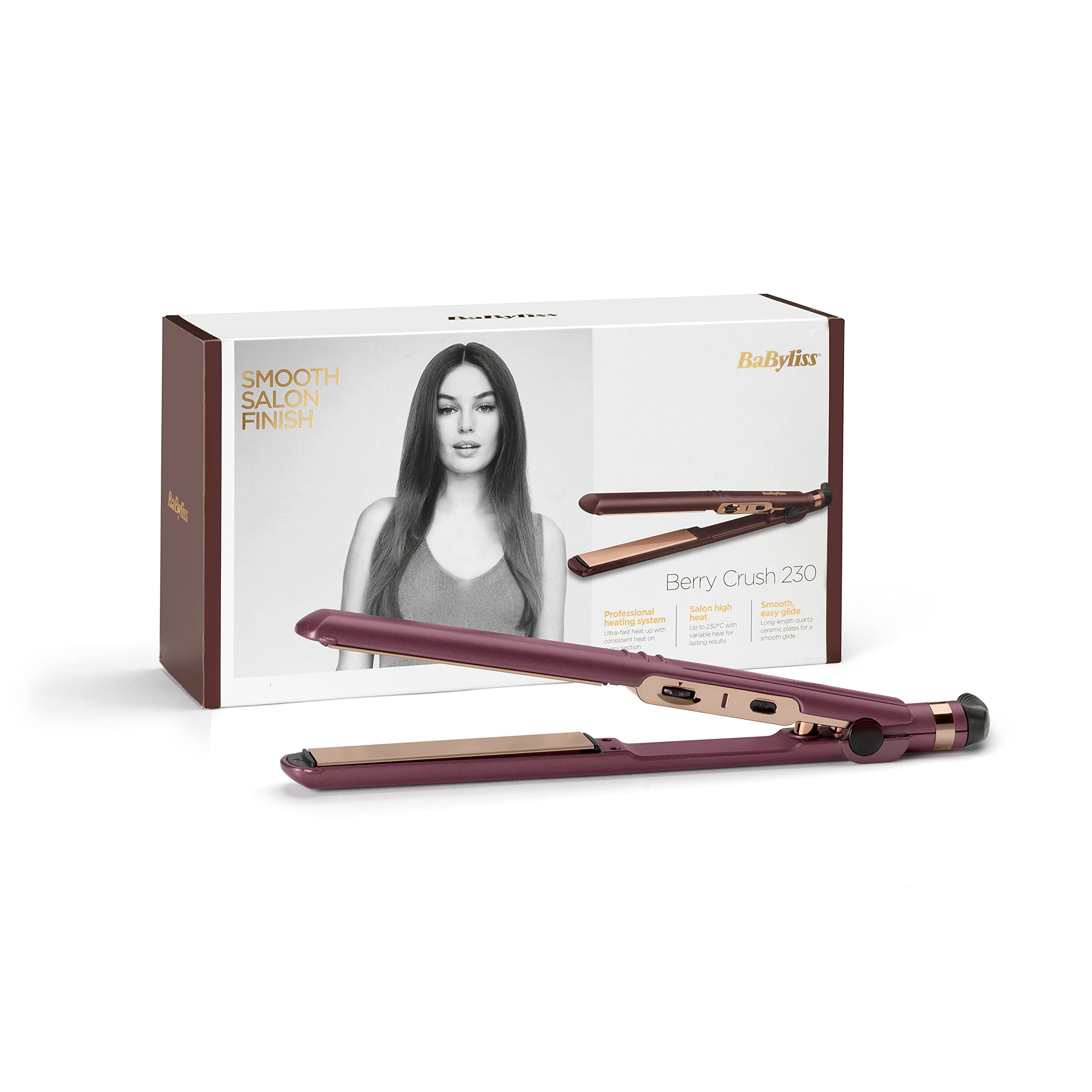 BaByliss Berry Crush 230 Hair Straightener| 10 Heat Settings From 140c - 230c For Use On All Hair Types l Long Length 3m Swivel Cord | Long Length Plates For Fast Smooth Styling | 2183PSDE(Brown) BaByliss Berry Crush 230 Hair Straightener| 10 Heat Settings From 140c - 230c For Use On All Hair Types l Long Length 3m Swivel Cord | Long Length Plates For Fast Smooth Styling | 2183PSDE(Brown)